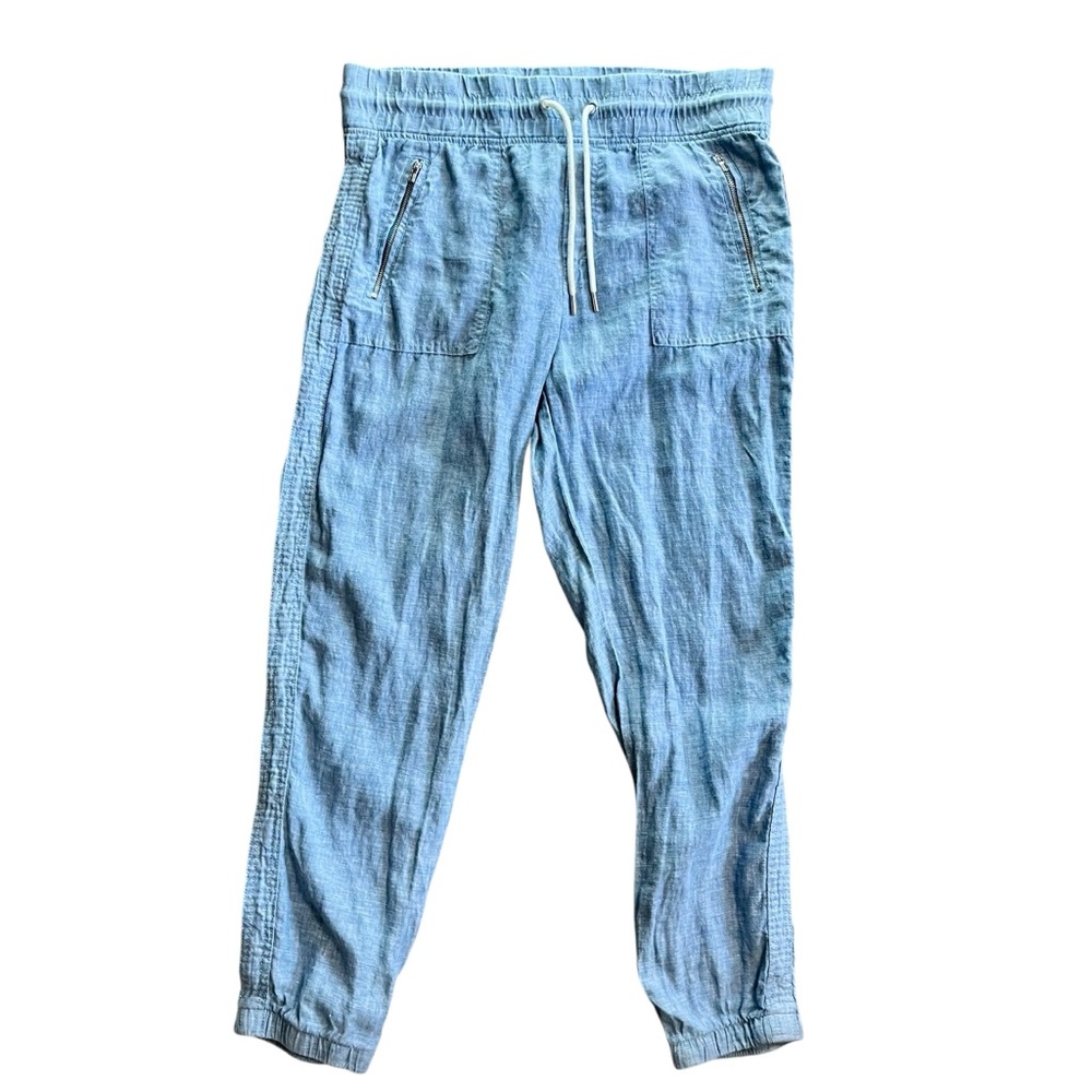 ATHLETA Blue Denim Cabo‎ Linen Jogger Sz 10 Casual Travel Pants Vacation Summer